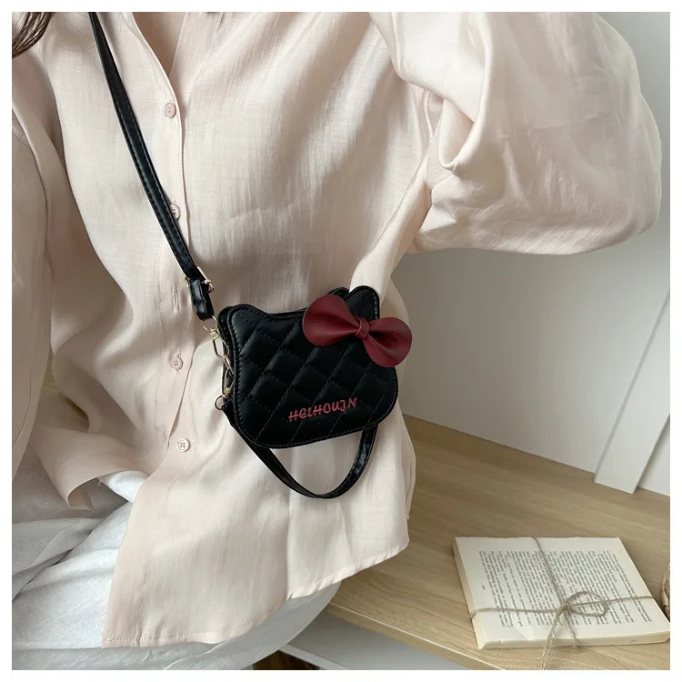 Lovely Cat Pattern Women Handbag Fashion Rhombus Grid Shoulder Bag Sweet Bowknot Crossbody Bag