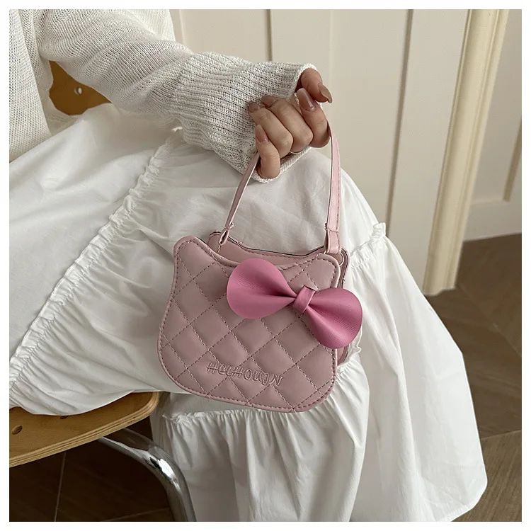 Lovely Cat Pattern Women Handbag Fashion Rhombus Grid Shoulder Bag Sweet Bowknot Crossbody Bag