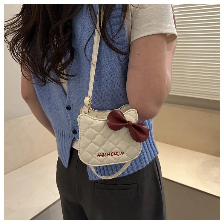 Lovely Cat Pattern Women Handbag Fashion Rhombus Grid Shoulder Bag Sweet Bowknot Crossbody Bag