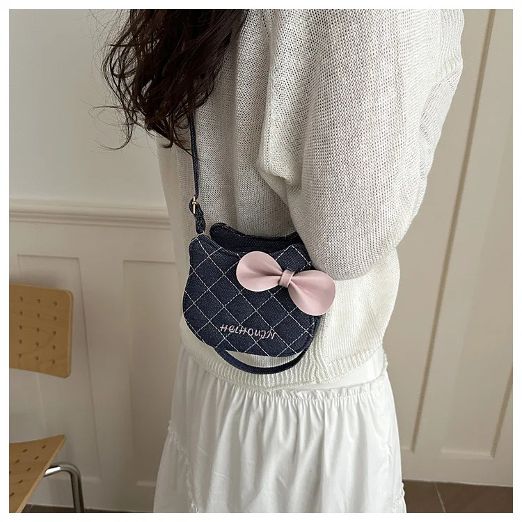 Lovely Cat Pattern Women Handbag Fashion Rhombus Grid Shoulder Bag Sweet Bowknot Crossbody Bag