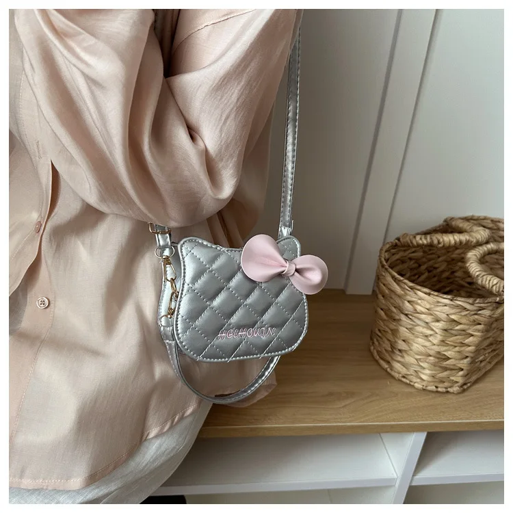 Lovely Cat Pattern Women Handbag Fashion Rhombus Grid Shoulder Bag Sweet Bowknot Crossbody Bag
