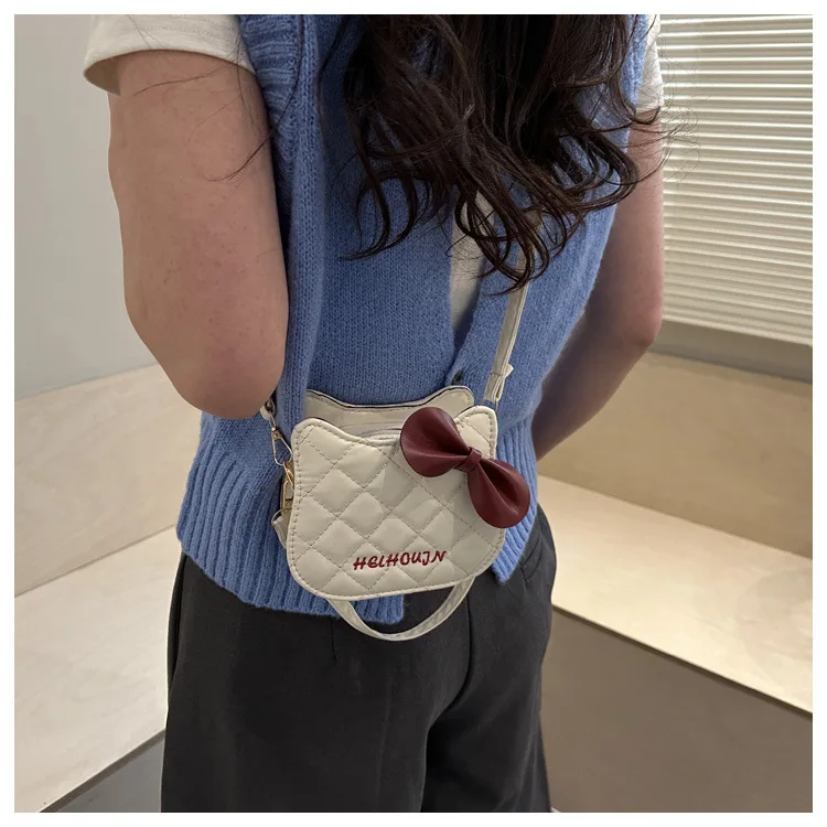 Lovely Cat Pattern Women Handbag Fashion Rhombus Grid Shoulder Bag Sweet Bowknot Crossbody Bag