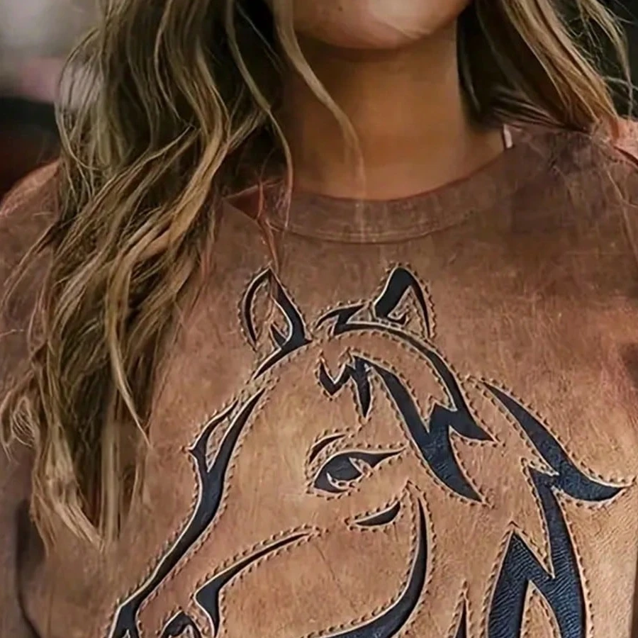 2026 Women's Casual Elegant Spring and Autumn Edition Horse Pattern Solid Color Round Neck Comfortable Long Sleeve Hoodie Top