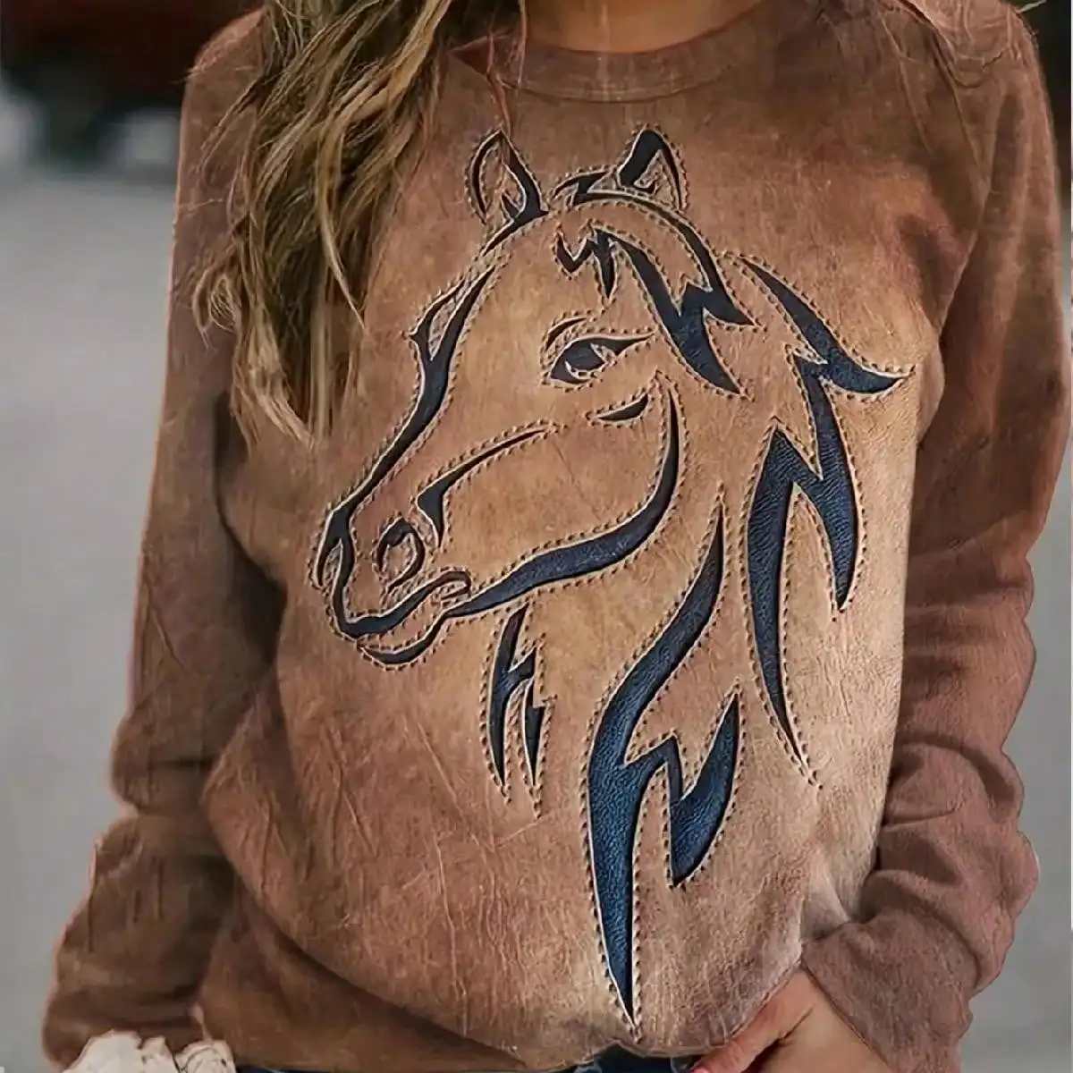 2026 Women's Casual Elegant Spring and Autumn Edition Horse Pattern Solid Color Round Neck Comfortable Long Sleeve Hoodie Top