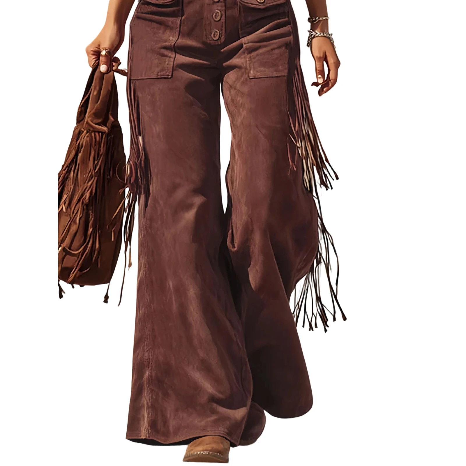 Women's Vintage Western Suede Fringe Wide-leg Overalls Solid Color High-waisted Button Jumpsuit Female Fashion Jumpsuits