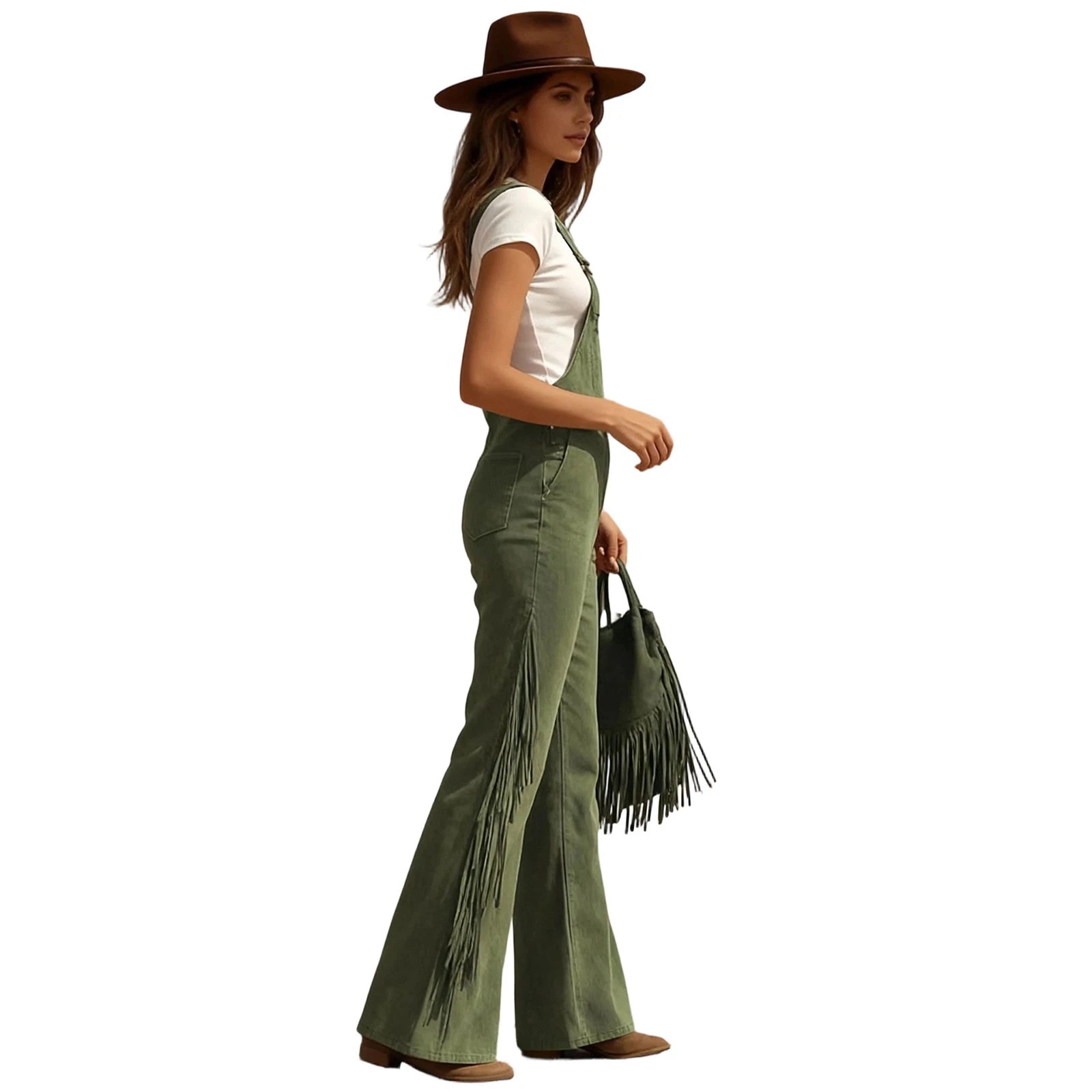 Women's Vintage Western Suede Fringe Wide-leg Overalls Solid Color High-waisted Button Jumpsuit Female Fashion Jumpsuits