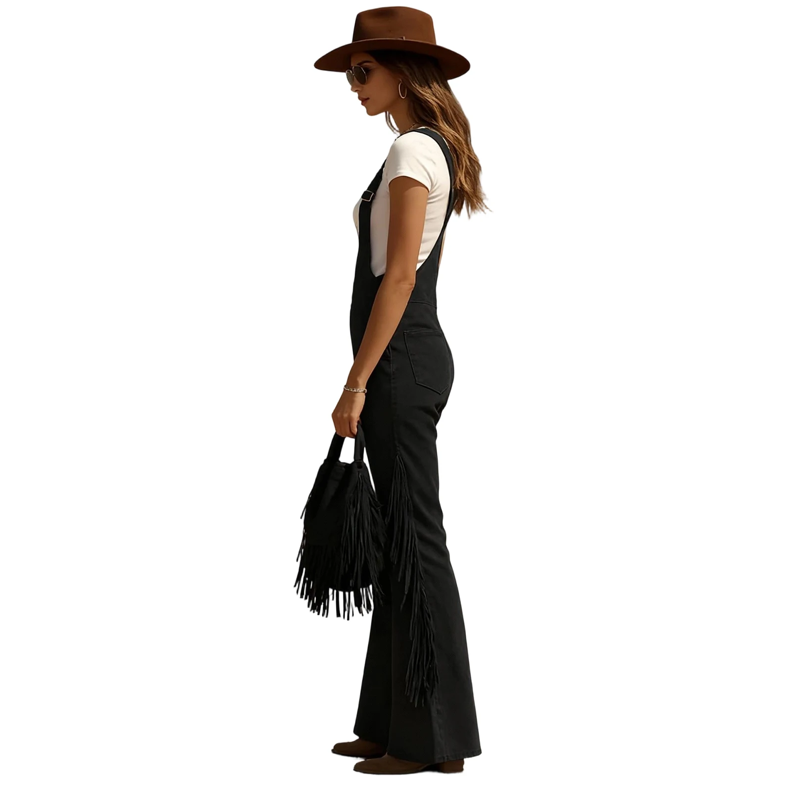 Women's Vintage Western Suede Fringe Wide-leg Overalls Solid Color High-waisted Button Jumpsuit Female Fashion Jumpsuits