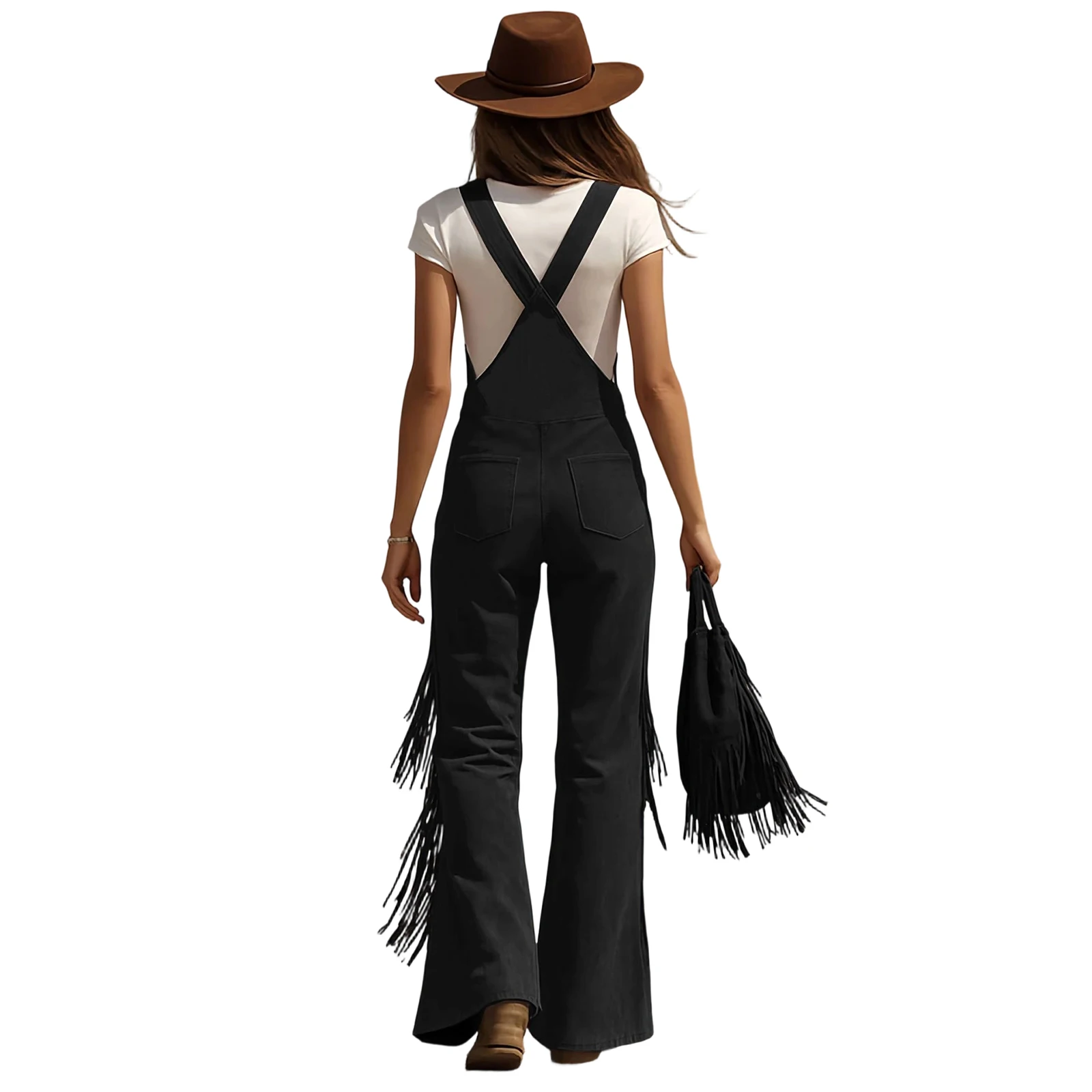 Women's Vintage Western Suede Fringe Wide-leg Overalls Solid Color High-waisted Button Jumpsuit Female Fashion Jumpsuits