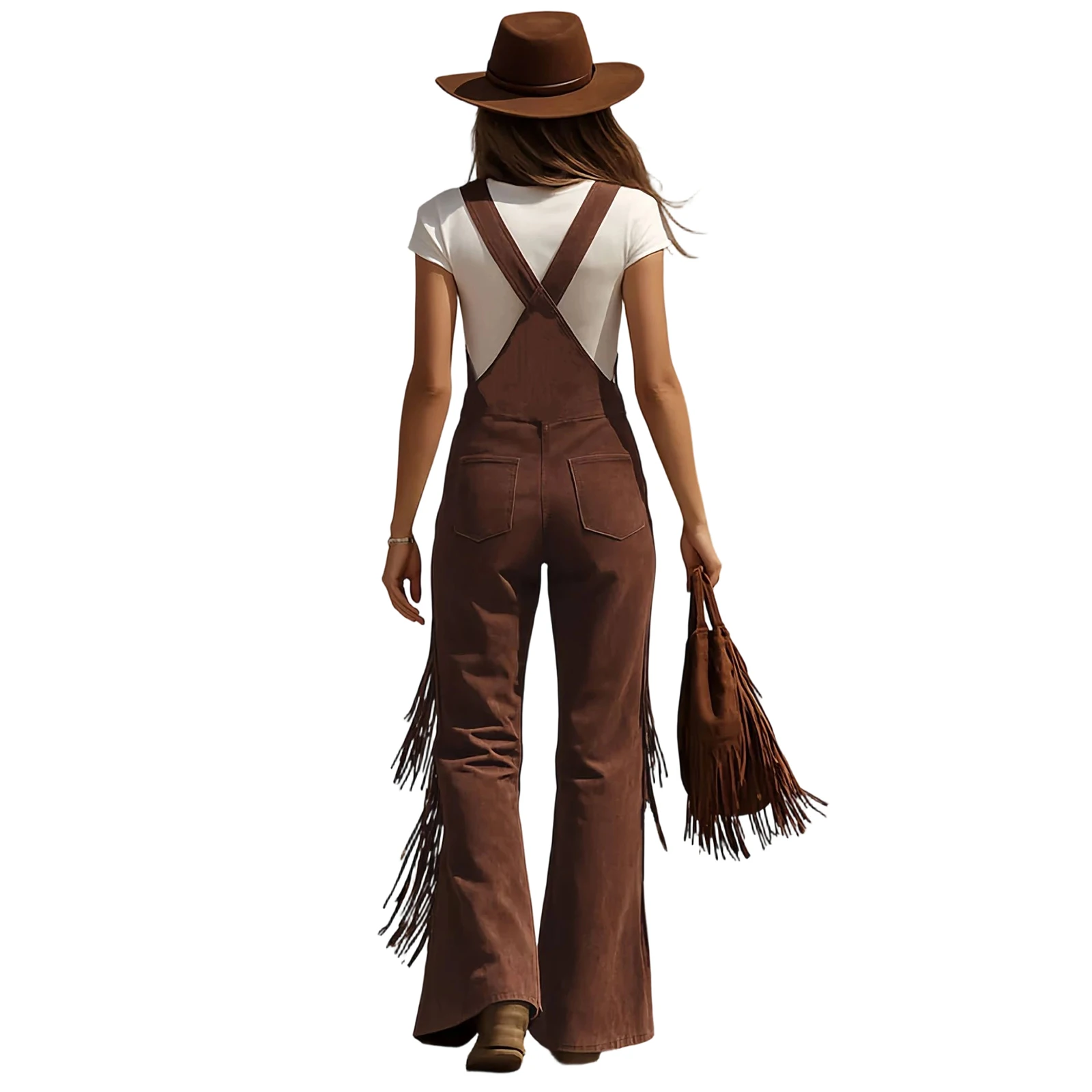 Women's Vintage Western Suede Fringe Wide-leg Overalls Solid Color High-waisted Button Jumpsuit Female Fashion Jumpsuits
