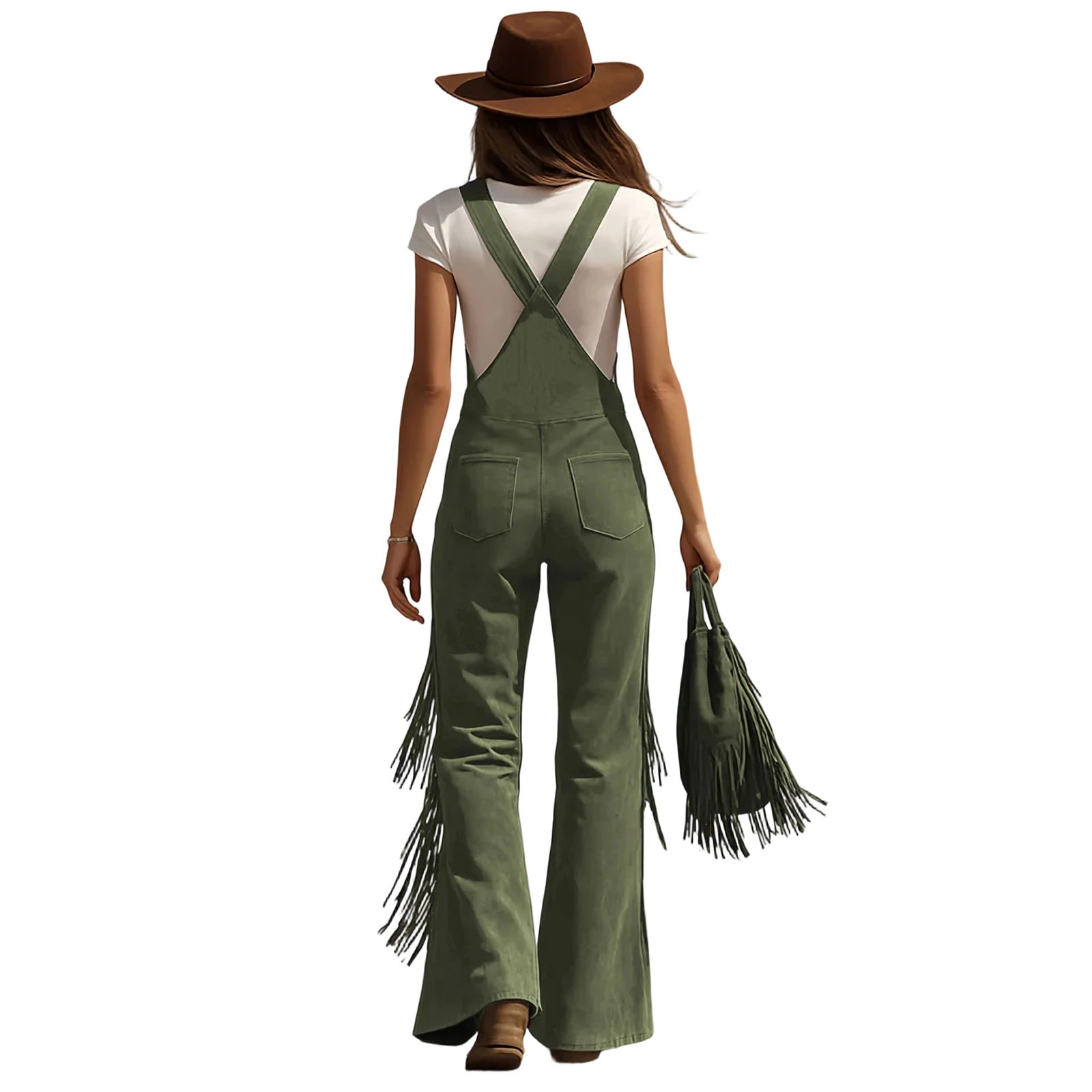Women's Vintage Western Suede Fringe Wide-leg Overalls Solid Color High-waisted Button Jumpsuit Female Fashion Jumpsuits
