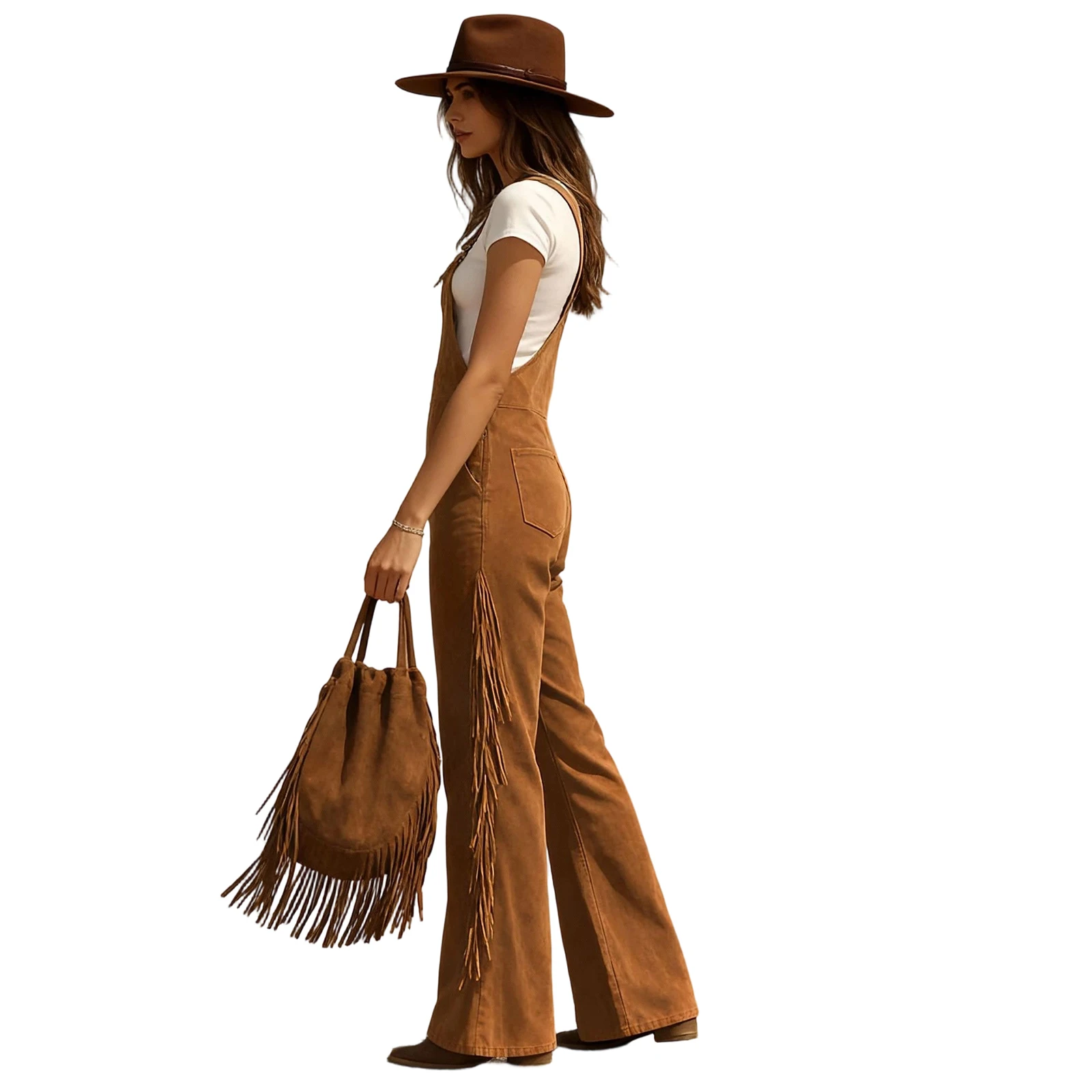 Women's Vintage Western Suede Fringe Wide-leg Overalls Solid Color High-waisted Button Jumpsuit Female Fashion Jumpsuits