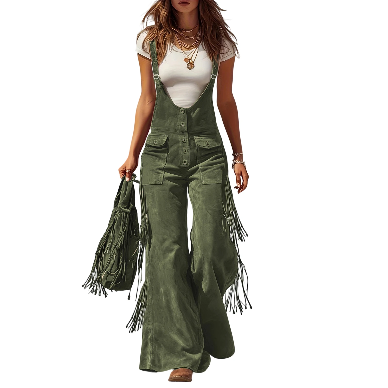 Women's Vintage Western Suede Fringe Wide-leg Overalls Solid Color High-waisted Button Jumpsuit Female Fashion Jumpsuits