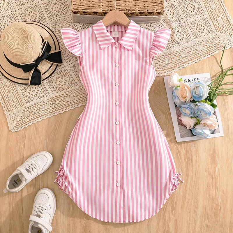 Stylish Girls Summer Blue White Stripe Dress 8-12Y, Popular Button Front A-line Dress with Side Drawstring for Outdoor Trip