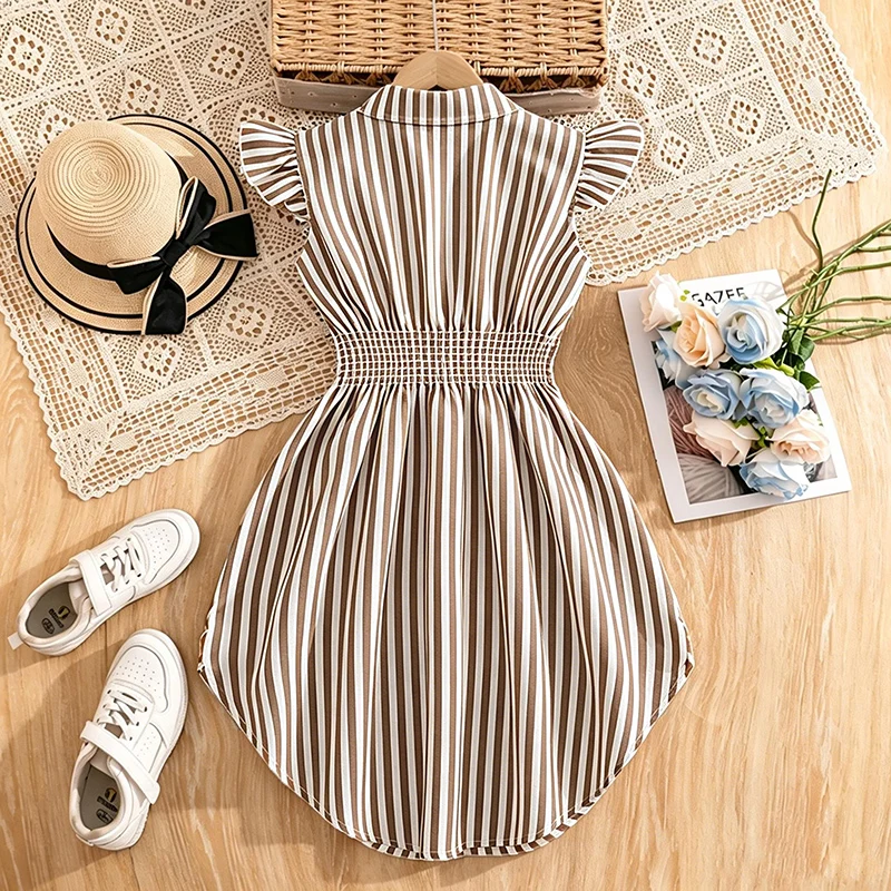 Stylish Girls Summer Blue White Stripe Dress 8-12Y, Popular Button Front A-line Dress with Side Drawstring for Outdoor Trip