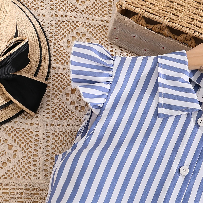 Stylish Girls Summer Blue White Stripe Dress 8-12Y, Popular Button Front A-line Dress with Side Drawstring for Outdoor Trip