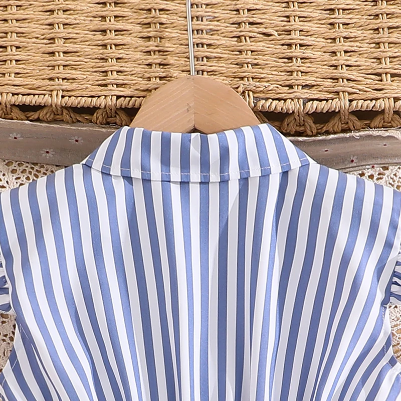 Stylish Girls Summer Blue White Stripe Dress 8-12Y, Popular Button Front A-line Dress with Side Drawstring for Outdoor Trip