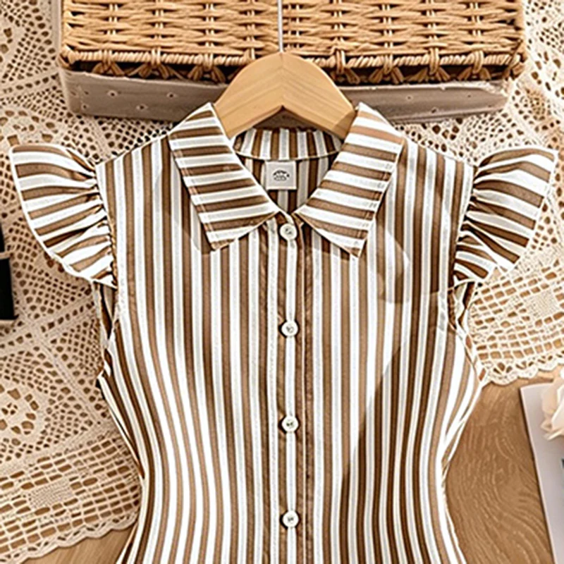Stylish Girls Summer Blue White Stripe Dress 8-12Y, Popular Button Front A-line Dress with Side Drawstring for Outdoor Trip