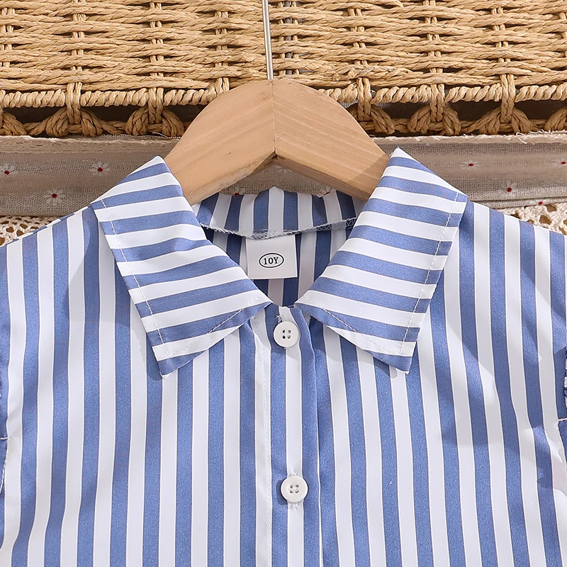 Stylish Girls Summer Blue White Stripe Dress 8-12Y, Popular Button Front A-line Dress with Side Drawstring for Outdoor Trip