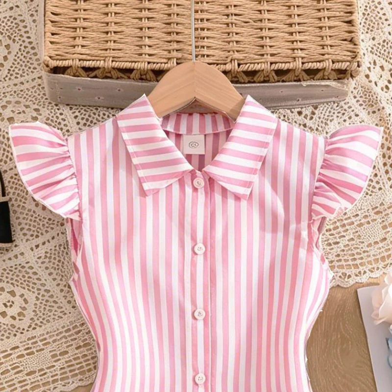 Stylish Girls Summer Blue White Stripe Dress 8-12Y, Popular Button Front A-line Dress with Side Drawstring for Outdoor Trip