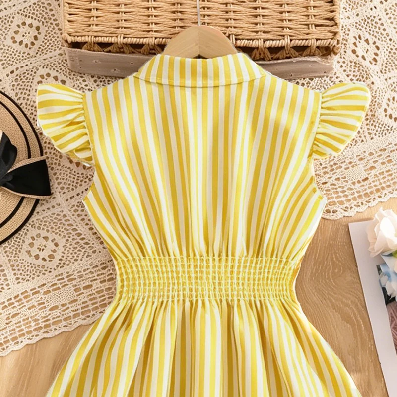 Stylish Girls Summer Blue White Stripe Dress 8-12Y, Popular Button Front A-line Dress with Side Drawstring for Outdoor Trip