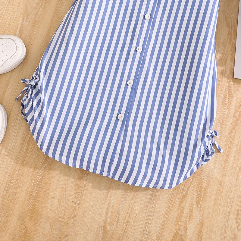 Stylish Girls Summer Blue White Stripe Dress 8-12Y, Popular Button Front A-line Dress with Side Drawstring for Outdoor Trip