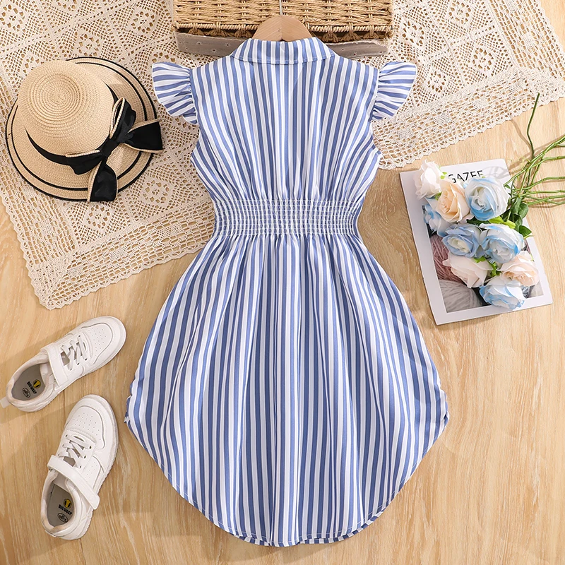 Stylish Girls Summer Blue White Stripe Dress 8-12Y, Popular Button Front A-line Dress with Side Drawstring for Outdoor Trip