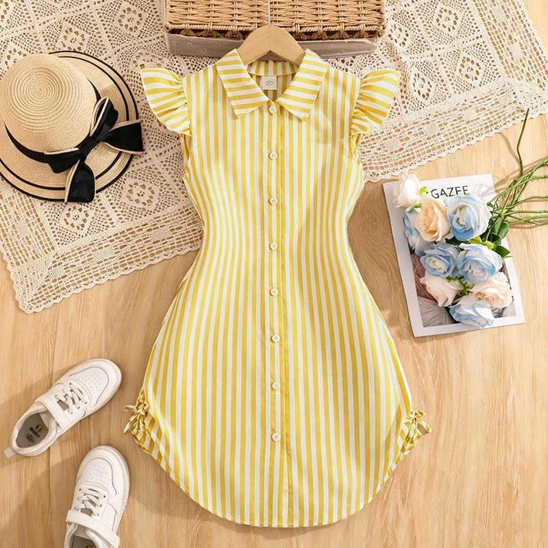 Stylish Girls Summer Blue White Stripe Dress 8-12Y, Popular Button Front A-line Dress with Side Drawstring for Outdoor Trip