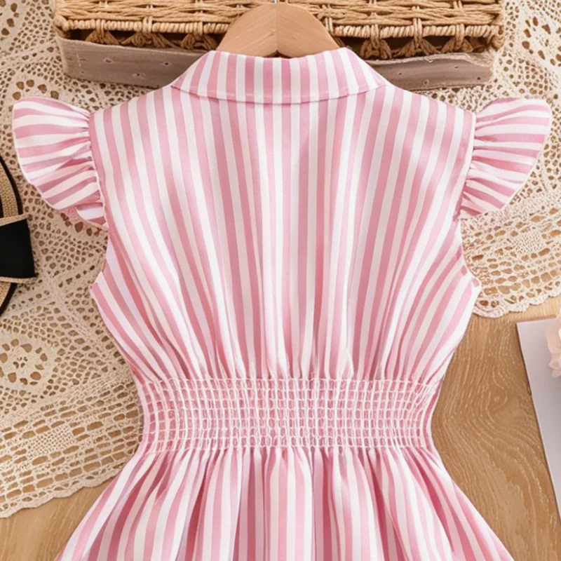 Stylish Girls Summer Blue White Stripe Dress 8-12Y, Popular Button Front A-line Dress with Side Drawstring for Outdoor Trip