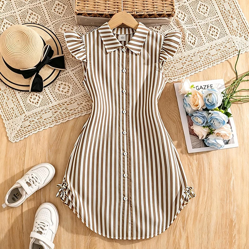 Stylish Girls Summer Blue White Stripe Dress 8-12Y, Popular Button Front A-line Dress with Side Drawstring for Outdoor Trip