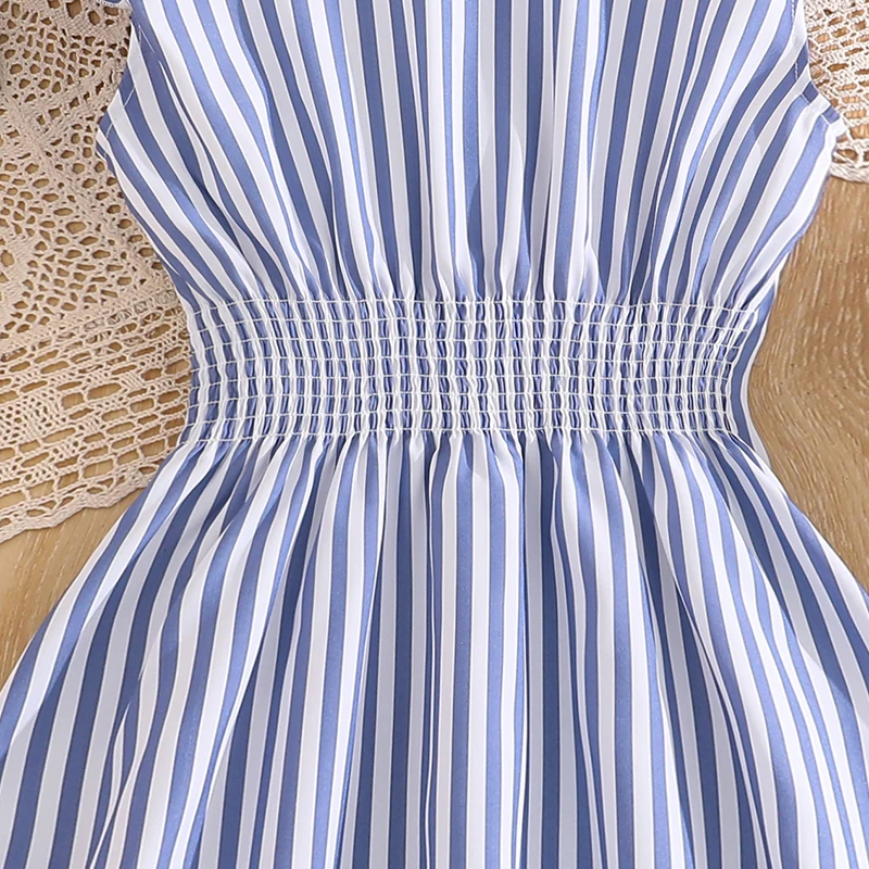 Stylish Girls Summer Blue White Stripe Dress 8-12Y, Popular Button Front A-line Dress with Side Drawstring for Outdoor Trip