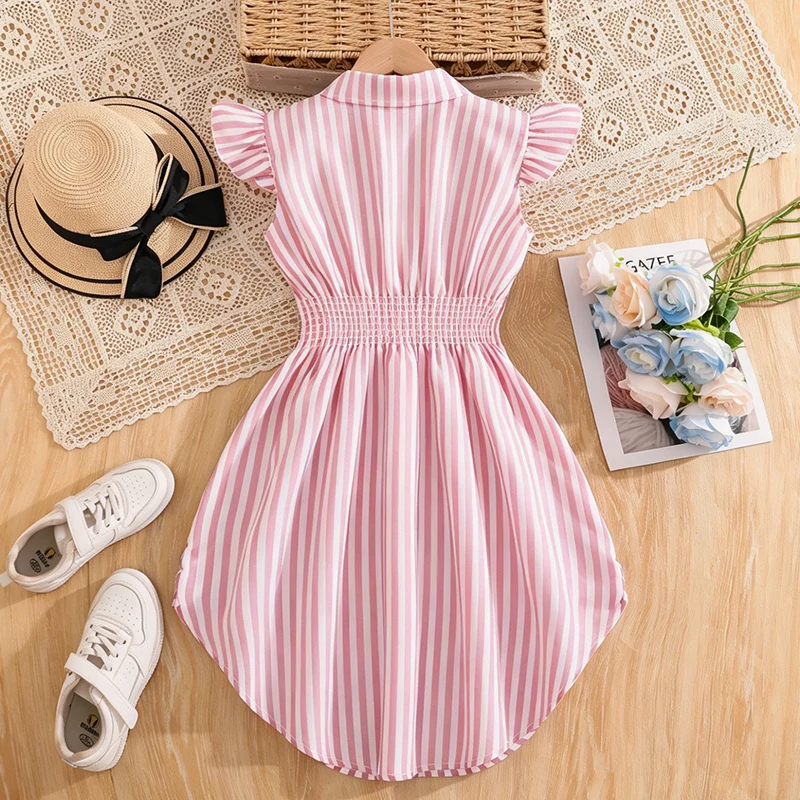 Stylish Girls Summer Blue White Stripe Dress 8-12Y, Popular Button Front A-line Dress with Side Drawstring for Outdoor Trip