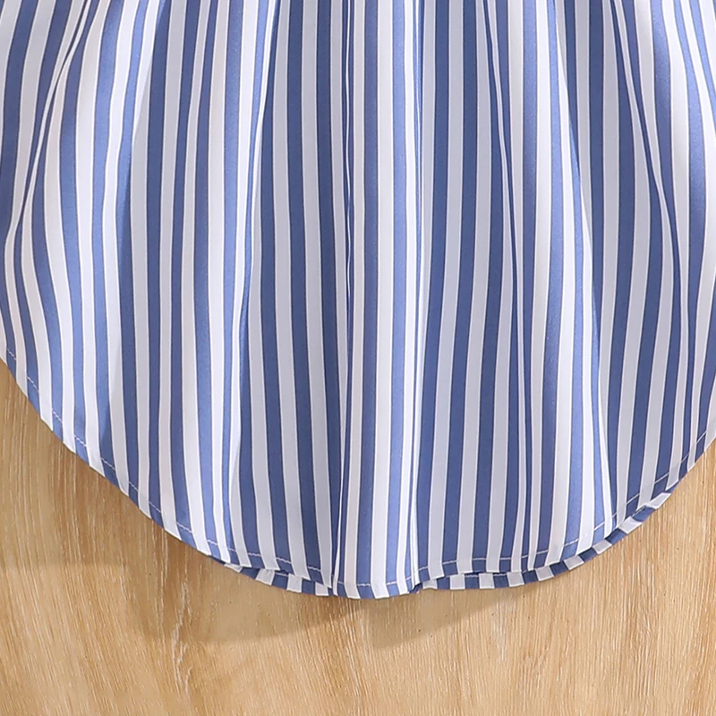 Stylish Girls Summer Blue White Stripe Dress 8-12Y, Popular Button Front A-line Dress with Side Drawstring for Outdoor Trip