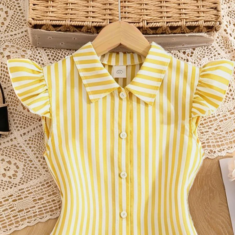 Stylish Girls Summer Blue White Stripe Dress 8-12Y, Popular Button Front A-line Dress with Side Drawstring for Outdoor Trip