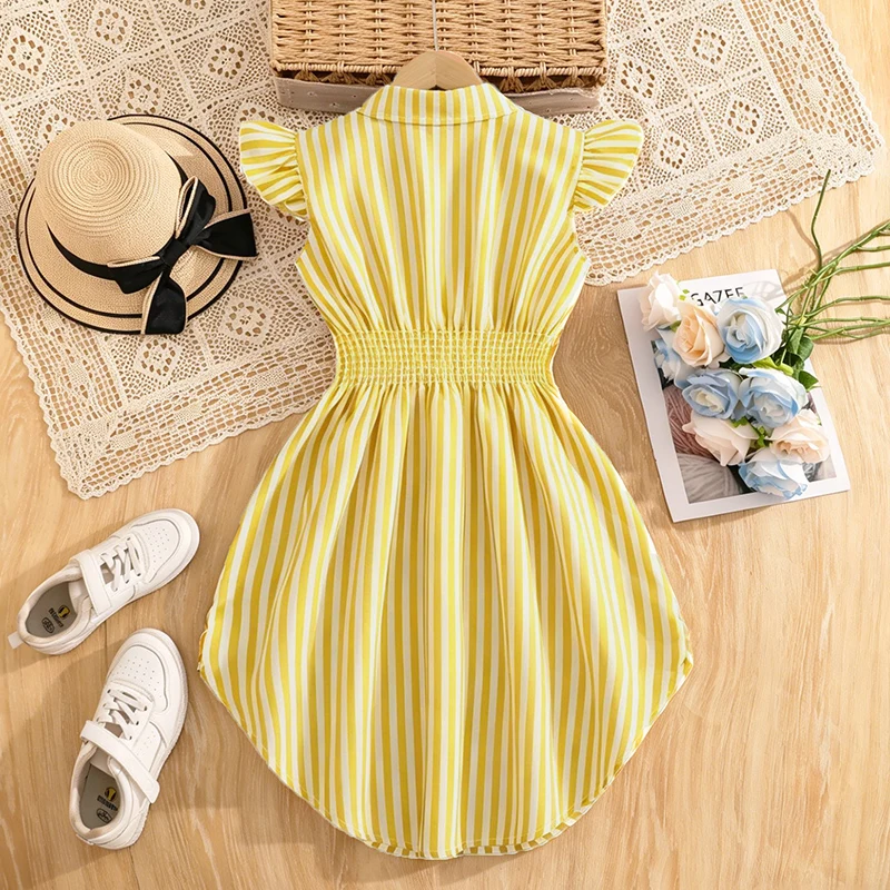 Stylish Girls Summer Blue White Stripe Dress 8-12Y, Popular Button Front A-line Dress with Side Drawstring for Outdoor Trip