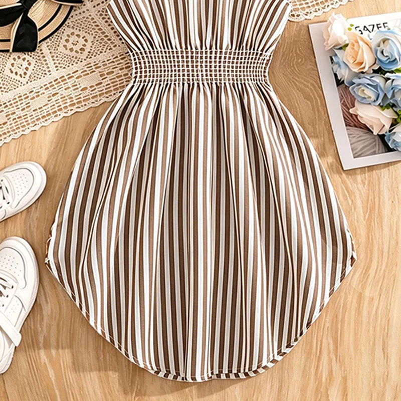 Stylish Girls Summer Blue White Stripe Dress 8-12Y, Popular Button Front A-line Dress with Side Drawstring for Outdoor Trip