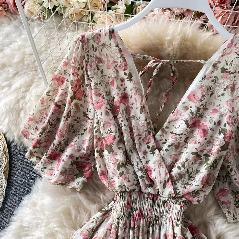 Boho Floral Print Chiffon Maxi Dress Women Sexy V Neck Short Sleeve Long Beach Dress Summer Holiday Sundress Vestidos