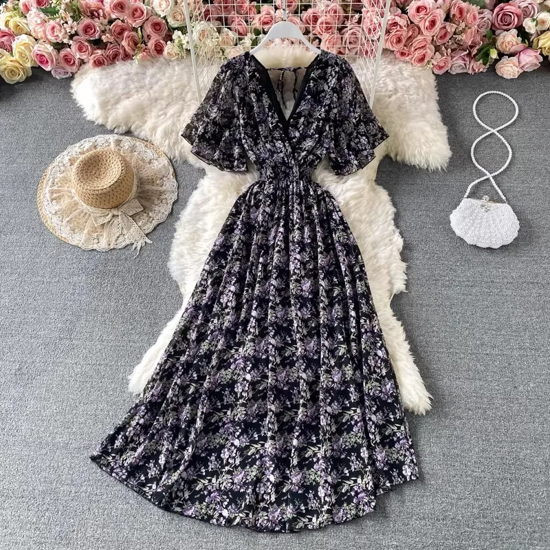 Boho Floral Print Chiffon Maxi Dress Women Sexy V Neck Short Sleeve Long Beach Dress Summer Holiday Sundress Vestidos