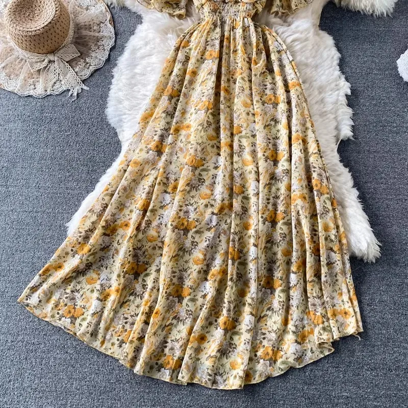 Boho Floral Print Chiffon Maxi Dress Women Sexy V Neck Short Sleeve Long Beach Dress Summer Holiday Sundress Vestidos