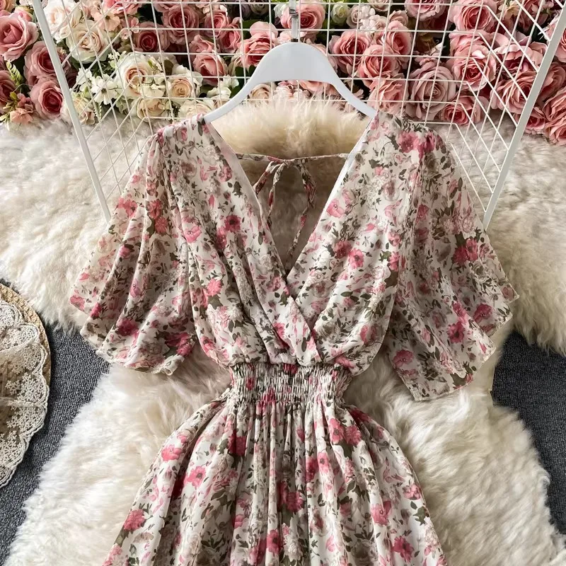Boho Floral Print Chiffon Maxi Dress Women Sexy V Neck Short Sleeve Long Beach Dress Summer Holiday Sundress Vestidos