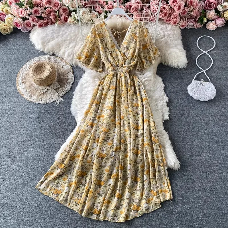 Boho Floral Print Chiffon Maxi Dress Women Sexy V Neck Short Sleeve Long Beach Dress Summer Holiday Sundress Vestidos