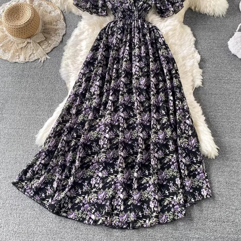 Boho Floral Print Chiffon Maxi Dress Women Sexy V Neck Short Sleeve Long Beach Dress Summer Holiday Sundress Vestidos