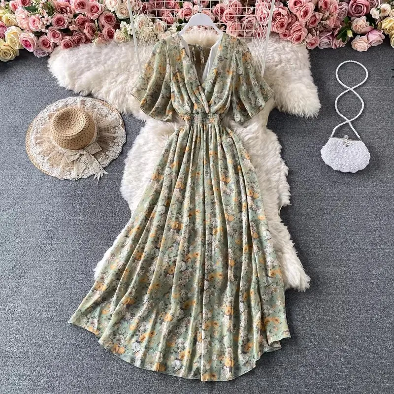 Boho Floral Print Chiffon Maxi Dress Women Sexy V Neck Short Sleeve Long Beach Dress Summer Holiday Sundress Vestidos