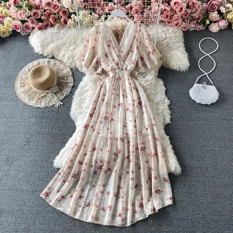 Boho Floral Print Chiffon Maxi Dress Women Sexy V Neck Short Sleeve Long Beach Dress Summer Holiday Sundress Vestidos