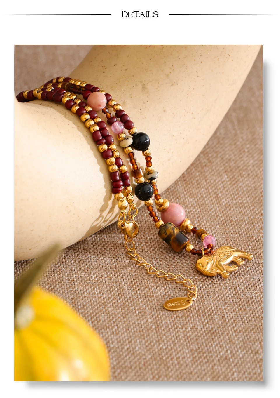Yhpup High Quality Handmade Jewelry Natural Stone Beads Chain Elephant Pendant Necklace Stainless Steel Waterproof Accessories