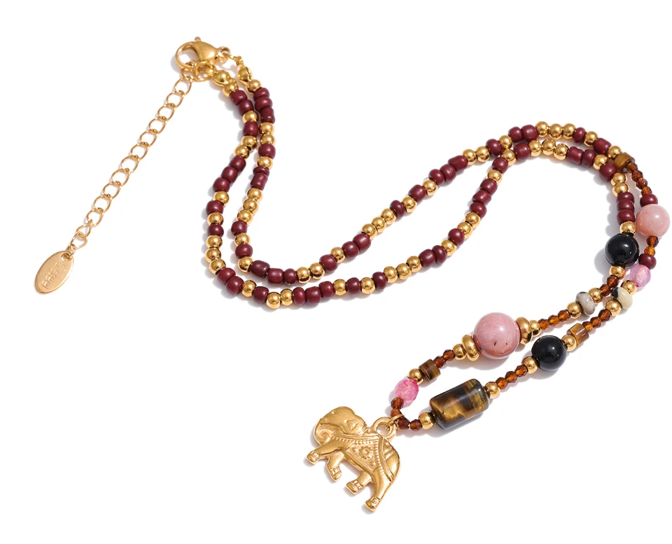 Yhpup High Quality Handmade Jewelry Natural Stone Beads Chain Elephant Pendant Necklace Stainless Steel Waterproof Accessories