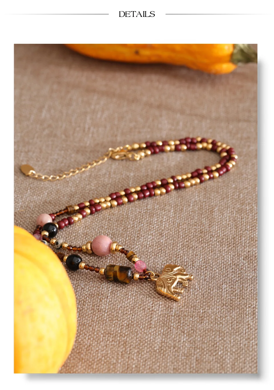 Yhpup High Quality Handmade Jewelry Natural Stone Beads Chain Elephant Pendant Necklace Stainless Steel Waterproof Accessories