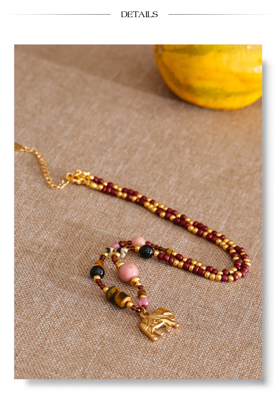 Yhpup High Quality Handmade Jewelry Natural Stone Beads Chain Elephant Pendant Necklace Stainless Steel Waterproof Accessories