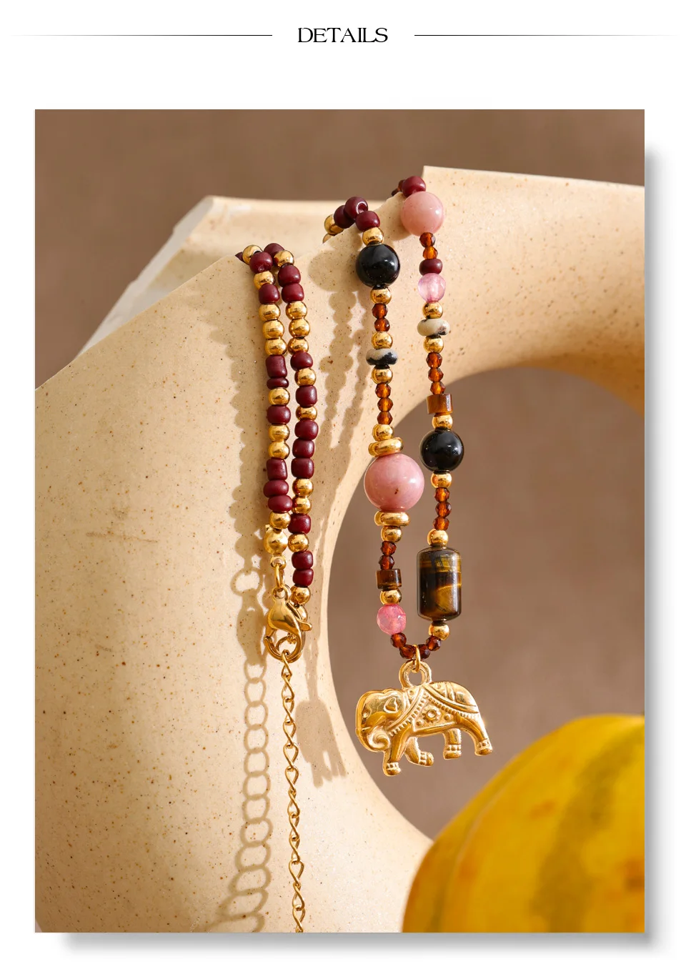 Yhpup High Quality Handmade Jewelry Natural Stone Beads Chain Elephant Pendant Necklace Stainless Steel Waterproof Accessories