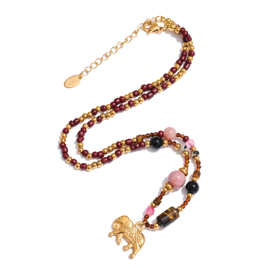 Yhpup High Quality Handmade Jewelry Natural Stone Beads Chain Elephant Pendant Necklace Stainless Steel Waterproof Accessories