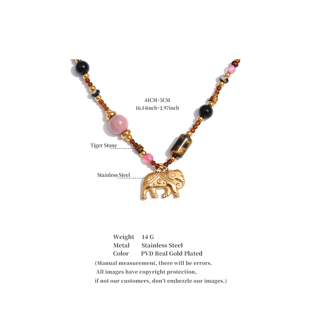 Yhpup High Quality Handmade Jewelry Natural Stone Beads Chain Elephant Pendant Necklace Stainless Steel Waterproof Accessories